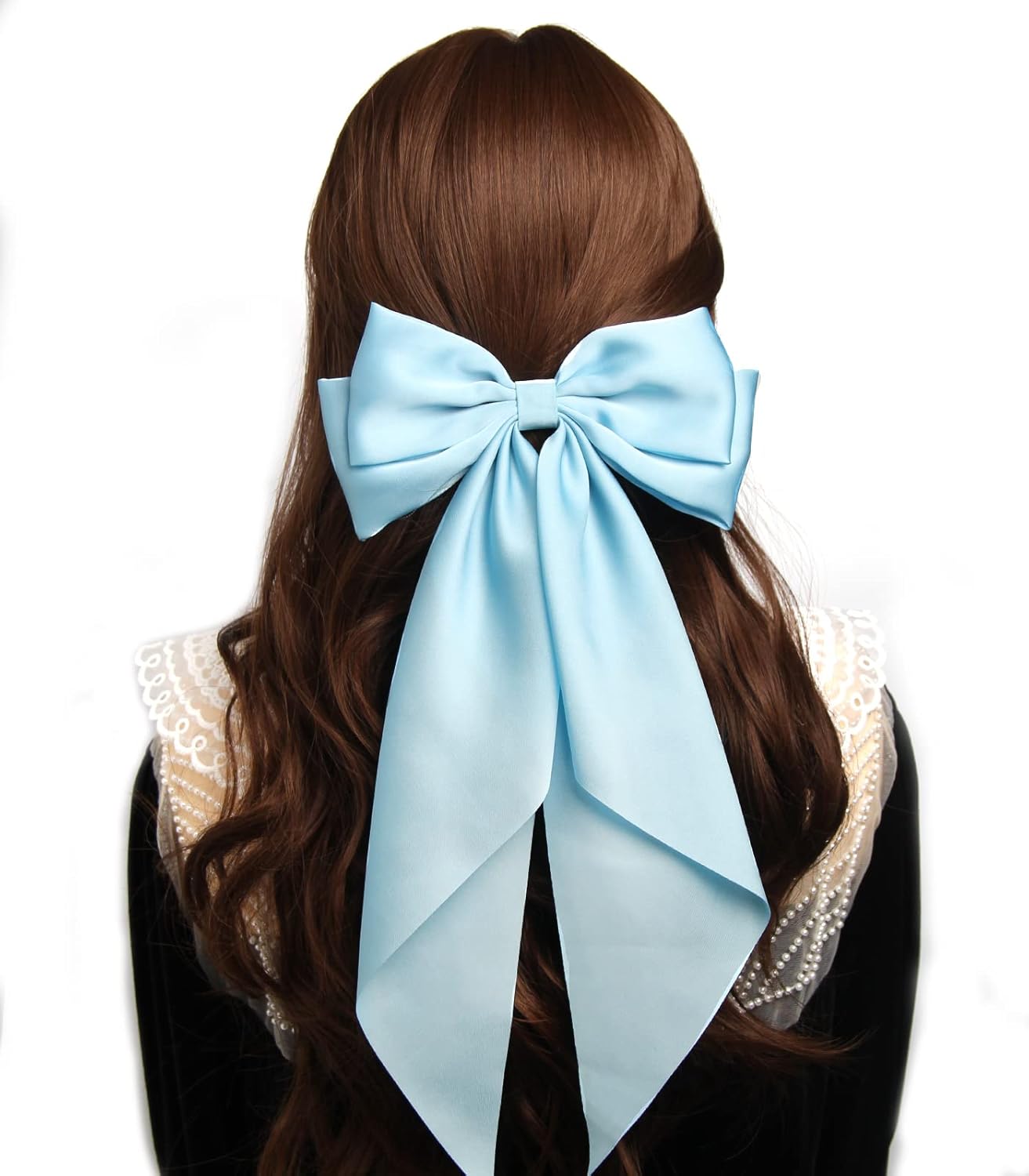 SUSULU Blue Hair Bow Clips for Women Lilac Big Bows Metal Clips French Barrette with Long Tail Satin Ribbon Hairpin Lady Barrettes Scrunchies Ponytail Accessories 2pcs