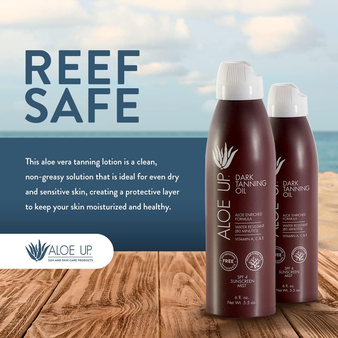 ALOE UP Aloe Vera Quick Dry Tanning Oil Spray 6 Fl Oz – Reef Safe Outdoor Sun Screen & Tan Oil, Non-Greasy, Fast Absorbing, SPF 4, 2 Pack – Brown, Medium Skin Tone