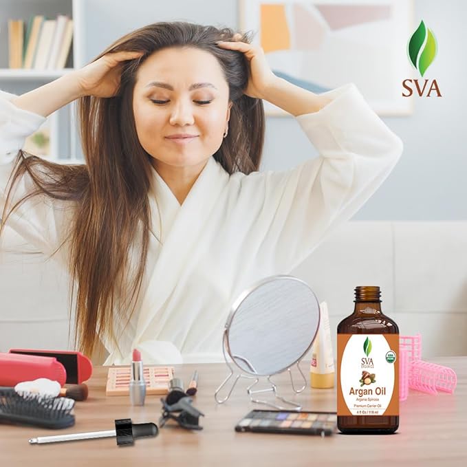 SVA Argan Oil Organic - 4 Fl Oz – 100% Natural Cold Pressed Organic Argan Oil - for Face, Skin Care, Hair Care, Scalp Massage & Body Massage – Carrier Oil with Dropper