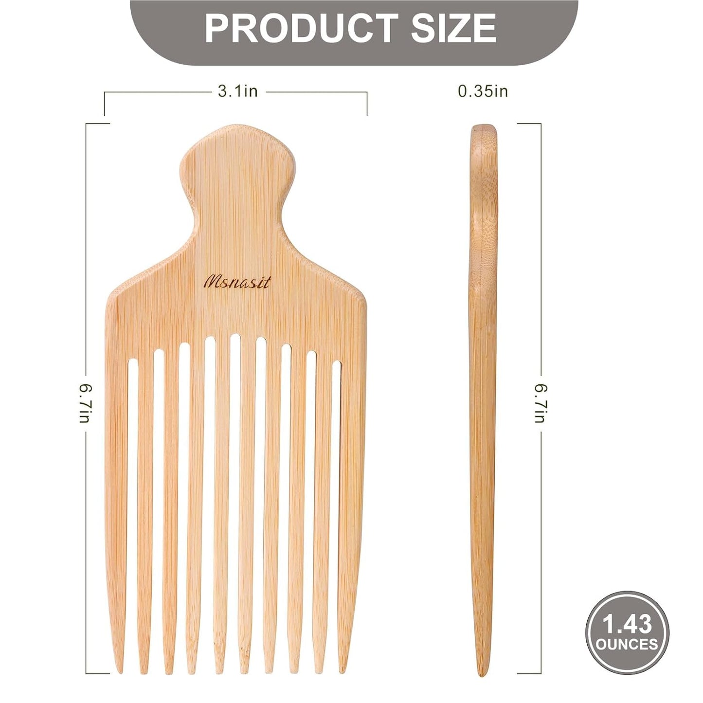 Bamboo Hair Pick for Curly Hair, Premium Wooden Wide Tooth Detangling Comb with Ergonomic Handle, Natural Volume & Styling Tool for Men Women, Fine or Thick Beard Pick
