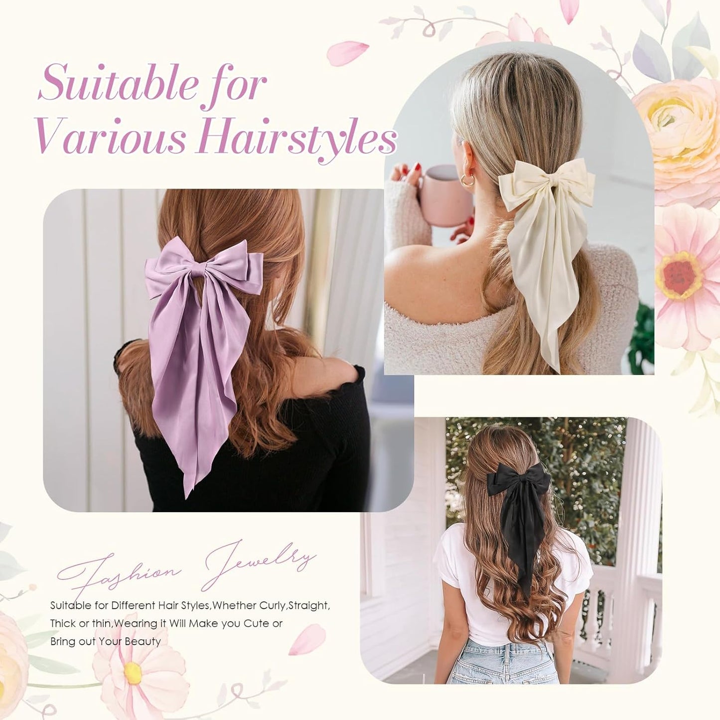 6 PCS Hair Bows for Women, Big Bow Hair Clips for Girls, Silky Satin Hair Bows Clips Oversized Long Tail, Large Cute Aesthetic Hair Accessories, Metal Bow Hair Clips Holiday Gifts