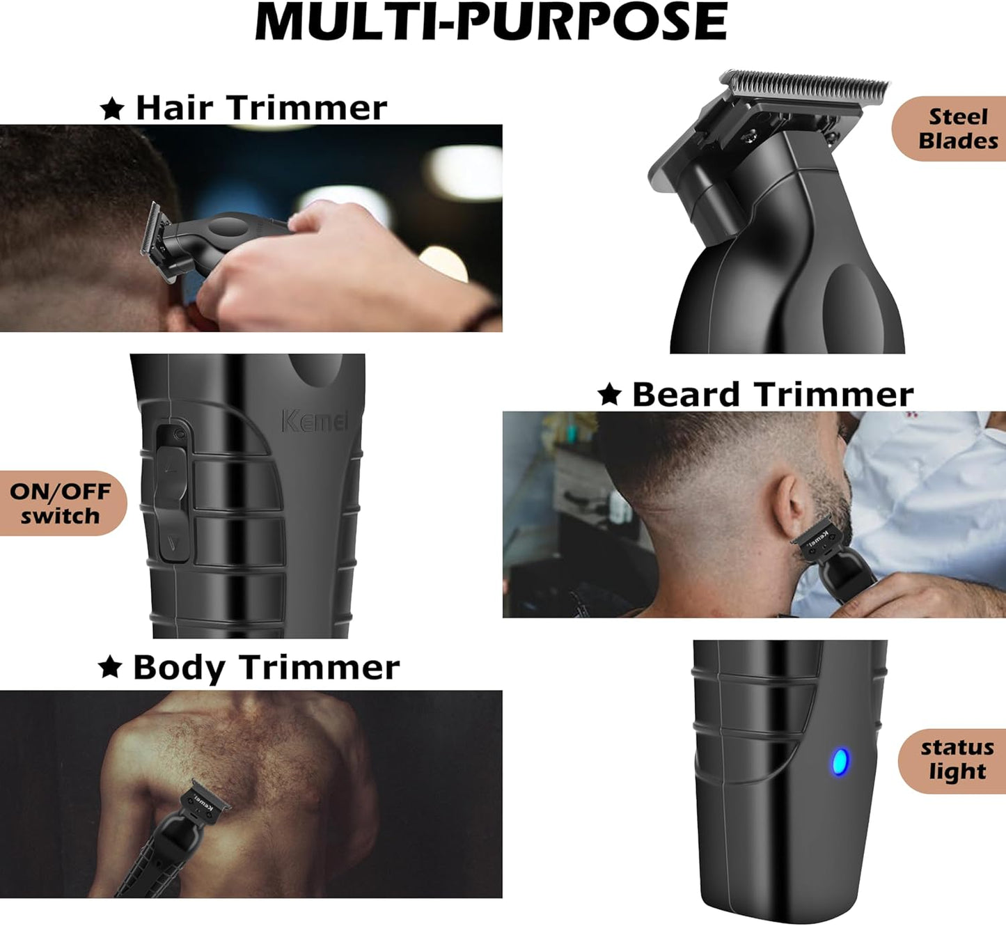 KEMEI 2299 Professional Hair/Beard Trimmer for Men Zero Gapped Hair Clippers for Barber with T Blade, Cordless Rechargeable