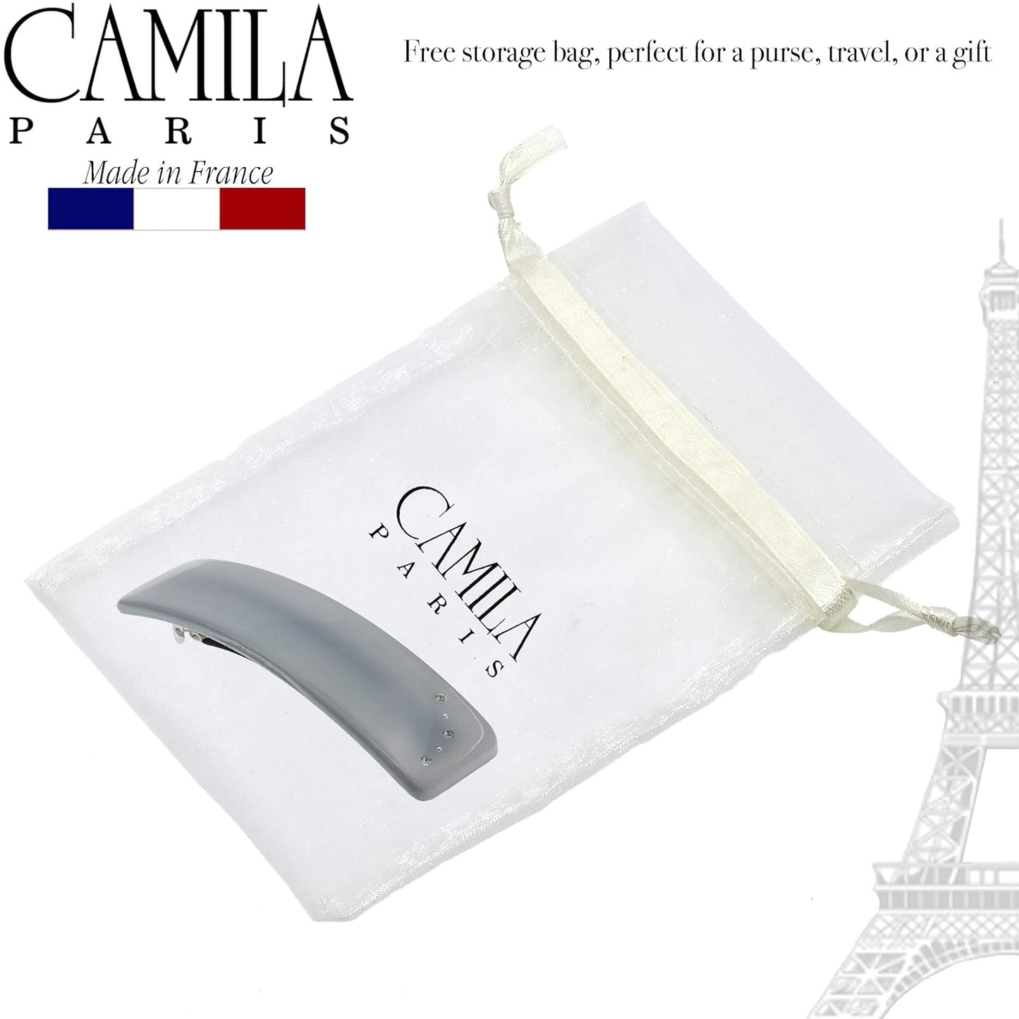 Camila Paris CP3445 French Hair Barrette Clip for Girls, Gray, Rubberized Automatic Clasp Strong Hold Grip Hair Clips for Women, No Slip and Durable Styling Girls Hair Accessories, Made in France