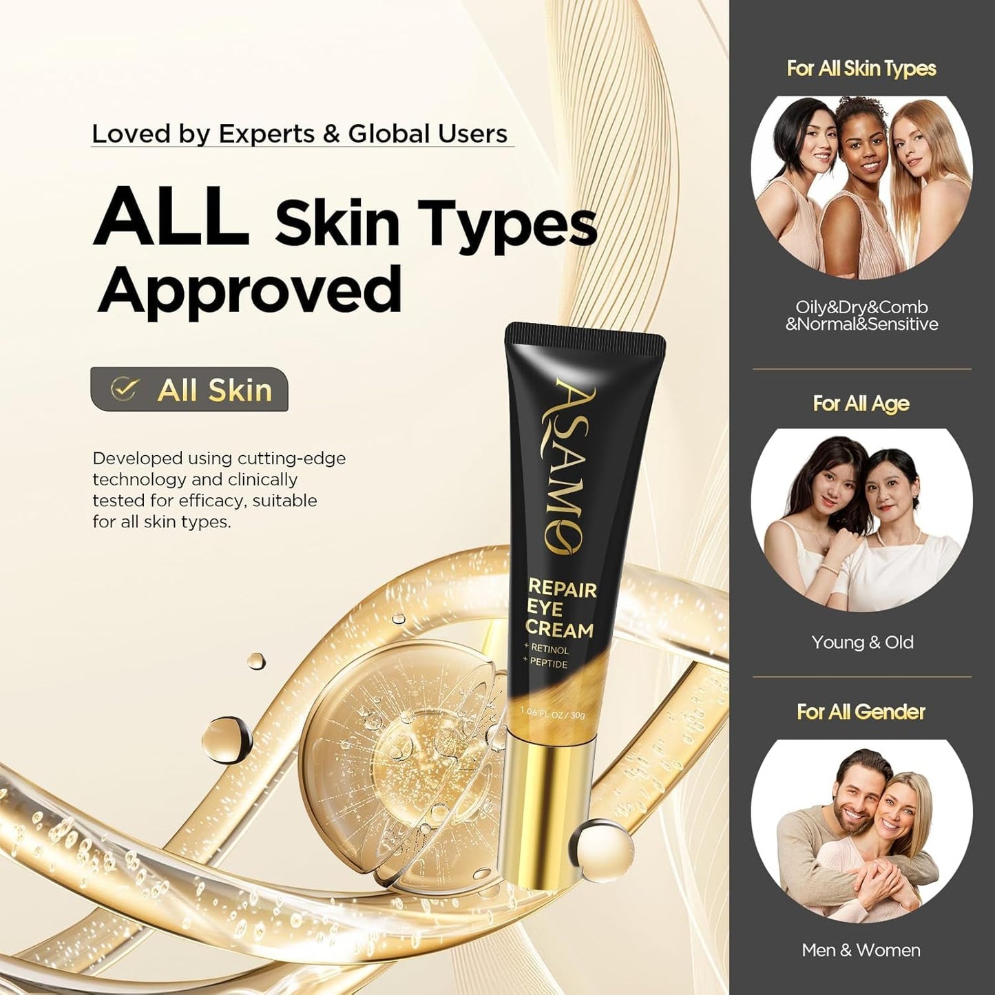 ASAMO Retinol Eye Cream – Retinol and Peptides for Fine Lines, Puffiness, and Under-Eye Shadows, Anti Aging, Eye Care Daily Wrinkle Cream,1.06 fl.oz