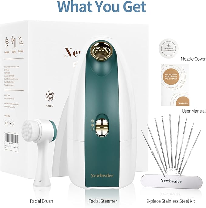 Newbealer Facial Steamer, 3in1 Aromatherapy Face Humidifier, 20 Min Hot & 60 Min Cold Nano Ionic Steam, 180ml Sinuses Moisturizing Cleansing Pores, Bonus 9-Piece Blackhead Remover Kit and Face Brush
