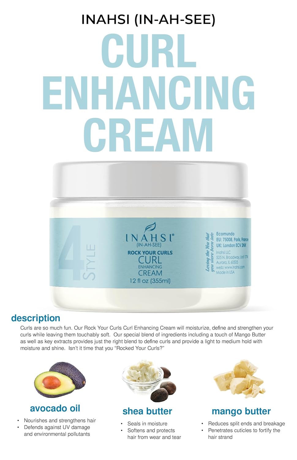 Inahsi Rock Your Curls Curl Enhancing Cream | Hair Cream for Men, Women, or Kids with Curly Hair | Hair Products for Naturally Curly Hair 12 oz | Made in the USA