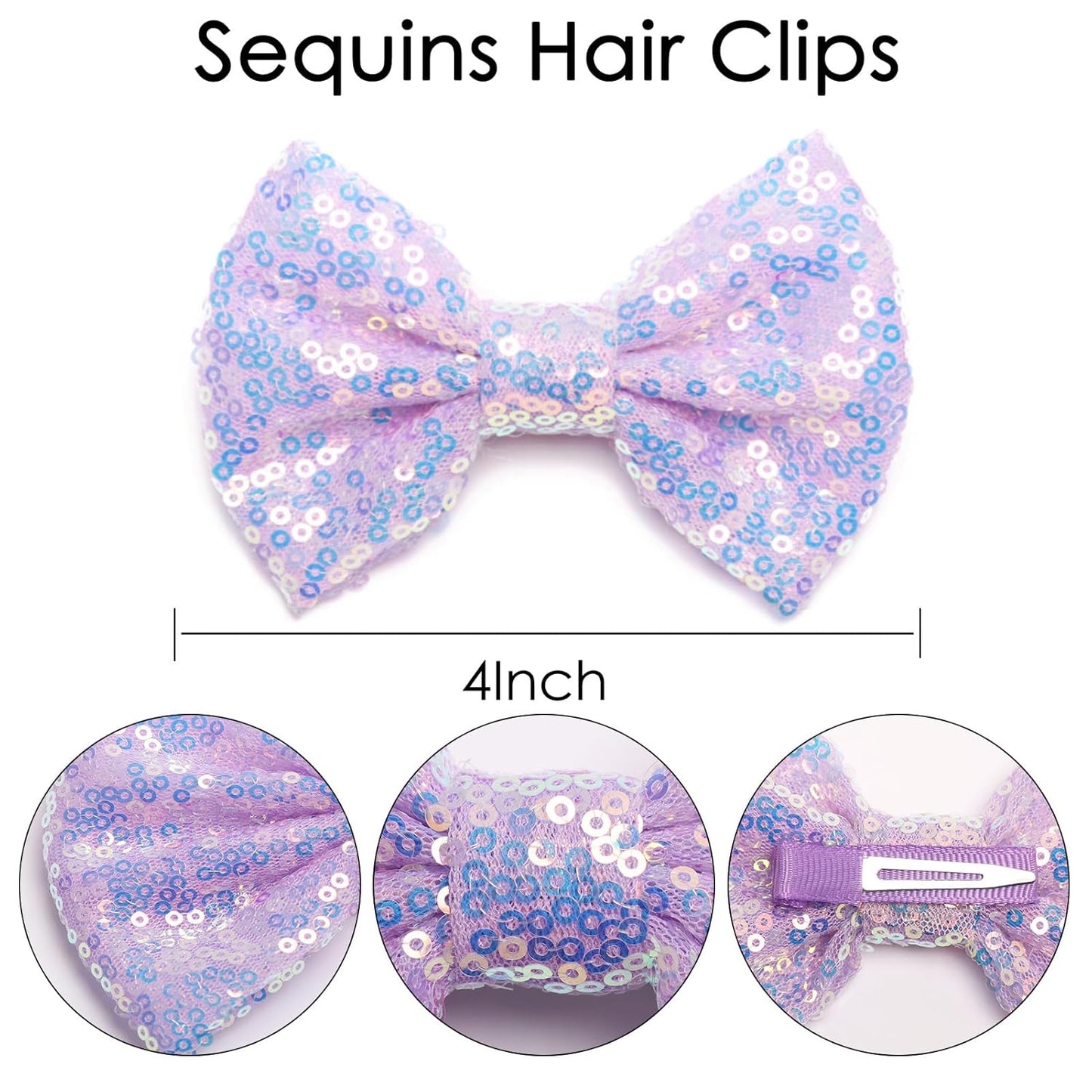 KISZU 4 Inch Sequin Glitter Hair Bows Clips, Sparkling Bling Little Bow HairPins Hair Accessories for Baby Girls Kids Children Teens and Women (Light Purple)