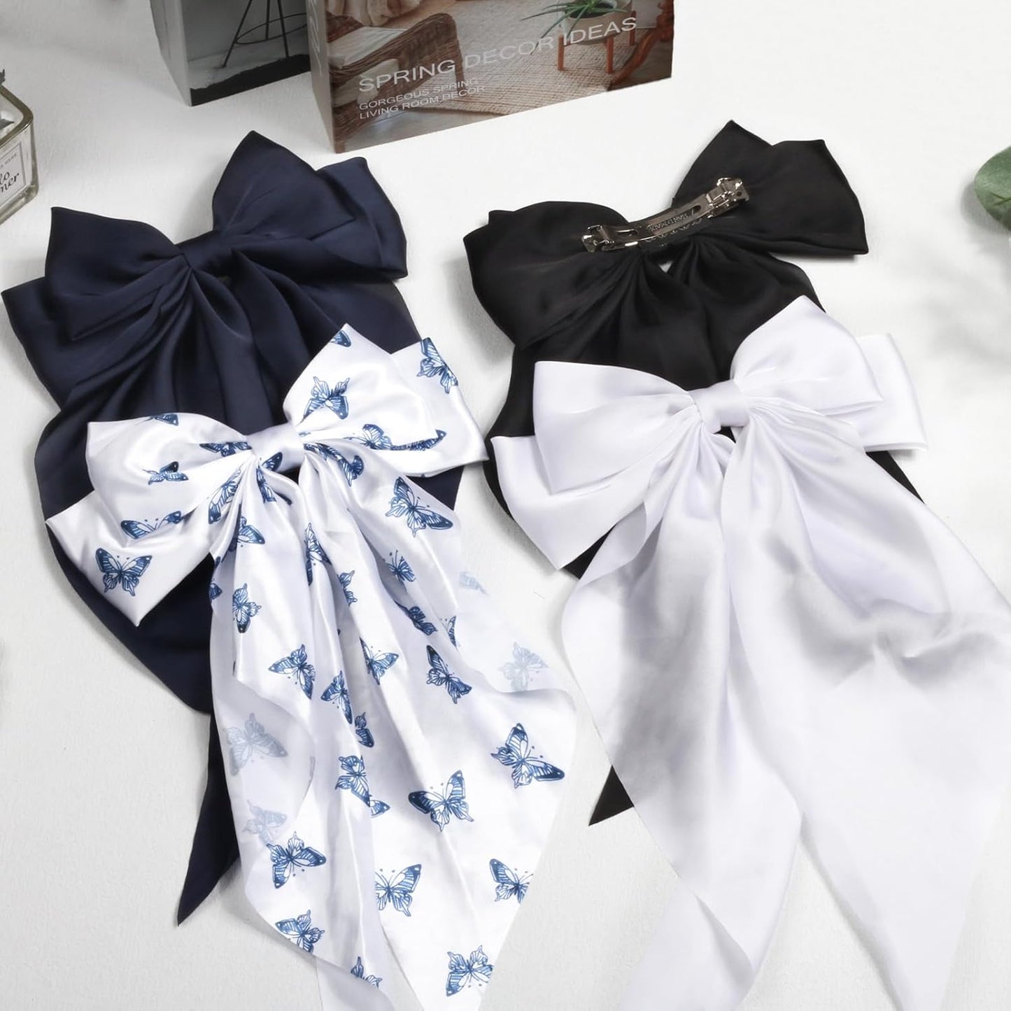 Silky Satin Hair Bows for Women Girls - 4PCS Ribbon Bows for Hair, Big Bow Hair Clips with Long Tail, Barrettes - Cute Hair Accessories Gifts (Black, Navy, Butterfly, White)