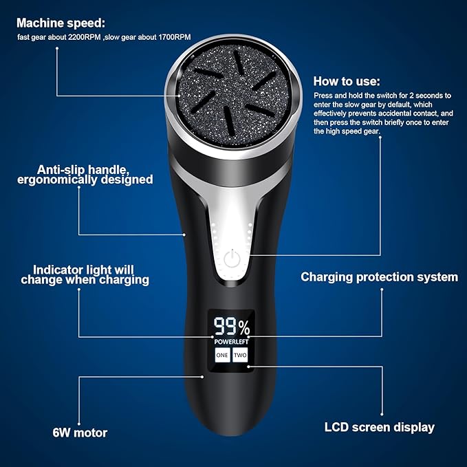 Electric Foot Callus Remover, IPX7 Waterproof Pedicure Kit Rechargeable Calloused Feet Remover Tool with LCD Display, 2-Speed Dual Motors for Efficient Exfoliation of Dead Skin on Feet