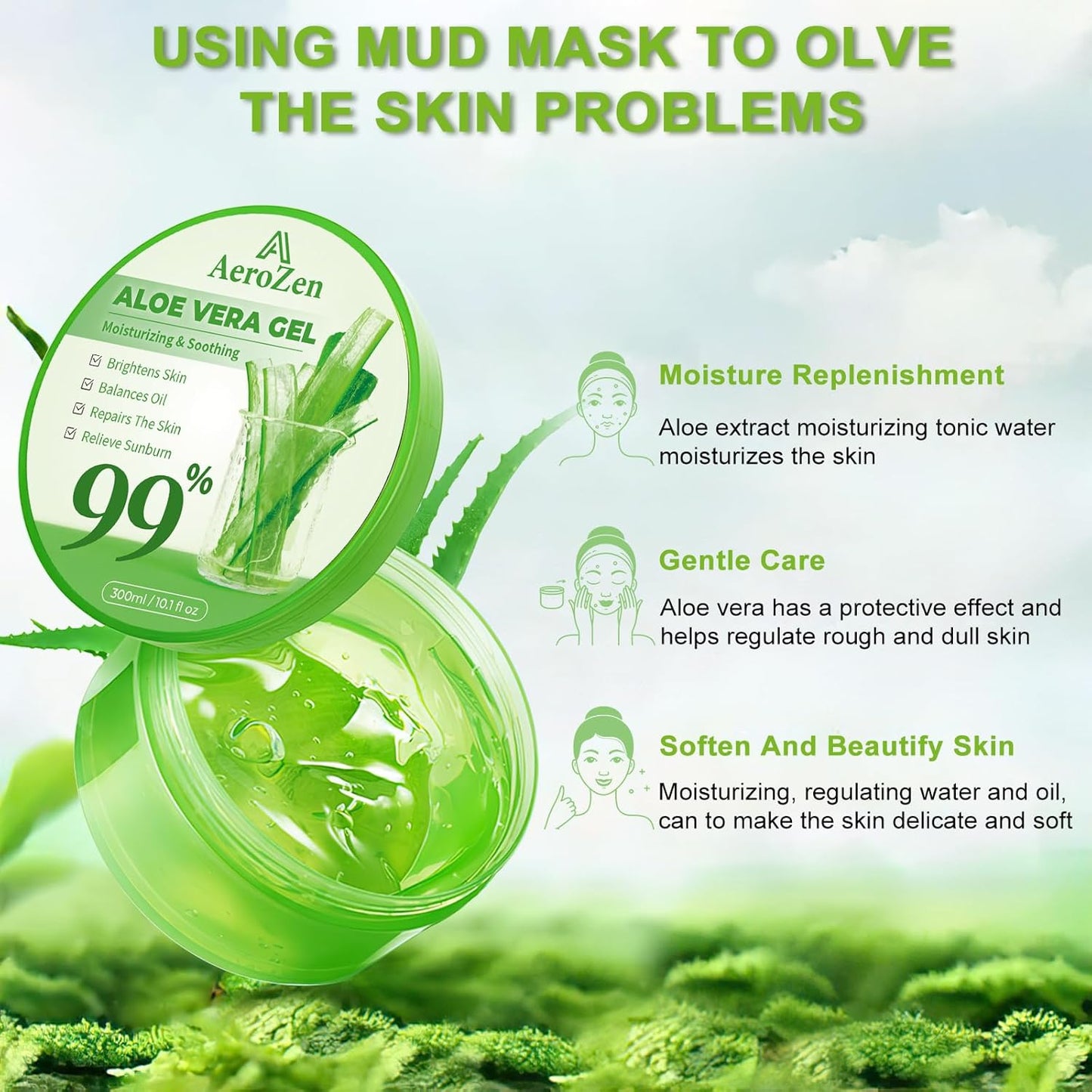 Aero Zen 99% Pure & Organic Aloe Vera Gel - 1-Pack (10.1oz) | Premium Hydration for Daily Use & After Sun Care | Lightweight, Non-Greasy & Alcohol-Free Formula for Face, Body & Hair | Vegan