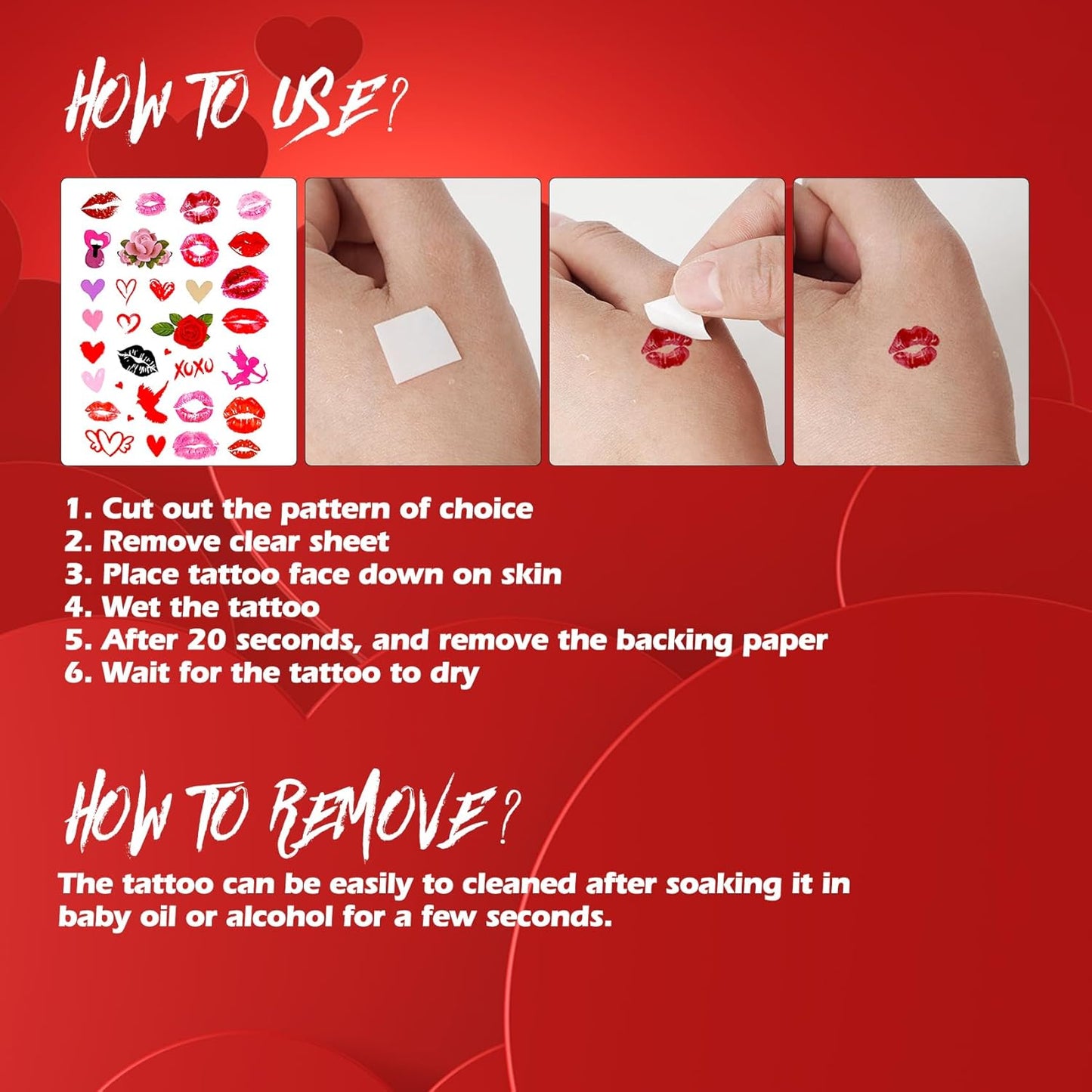 8Sheets Valentine's Day Kiss Tattoos Temporary Red Lips Fake Tattoos Self-adhesive Waterproof Stickers for Adult Women Girls Face Body Decoration