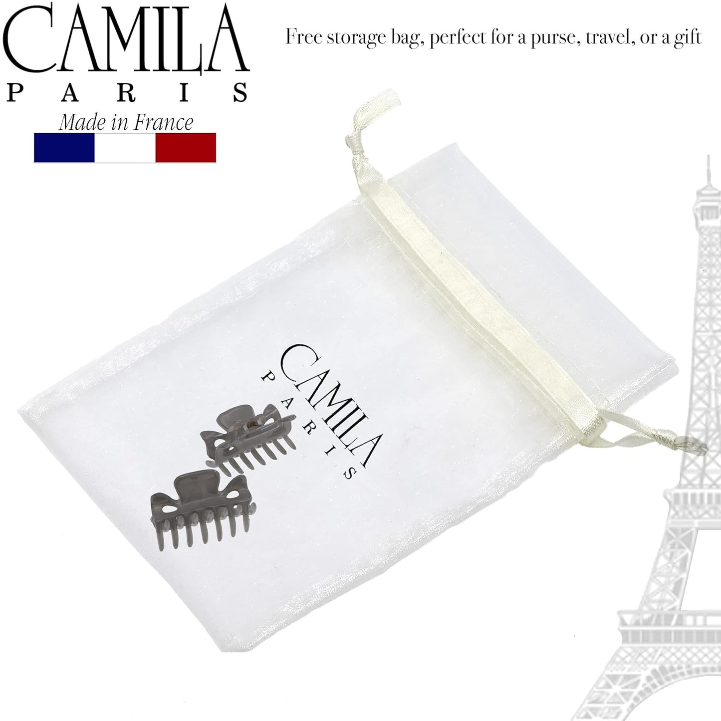 Camila Paris CP3511 French Hair Clip for Women, 1.5 inch Set of 2 Gray Girls Hair Claw Clips Jaw Fashion Durable Styling Hair Accessories for Women, Strong Hold No Slip Grip, Made in France
