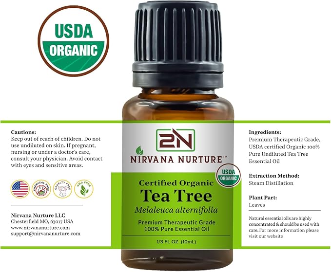 Tea Tree Essential Oil USDA Certified Organic 100% Pure Premium Therapeutic Grade, Undiluted - Aromatherapy Diffuser for Calm and Relaxation, Skin Care, Hair Care