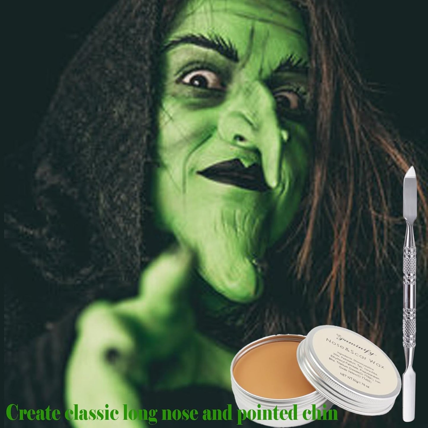 Halloween Elphaba Makeup Kit,Complete Black Green Yellow Face Body Paint with Scar Wax SFX Makeup Set,Frankenstein Green Witch Costume with Setting Powder for Stage,Cosplay, and Theater