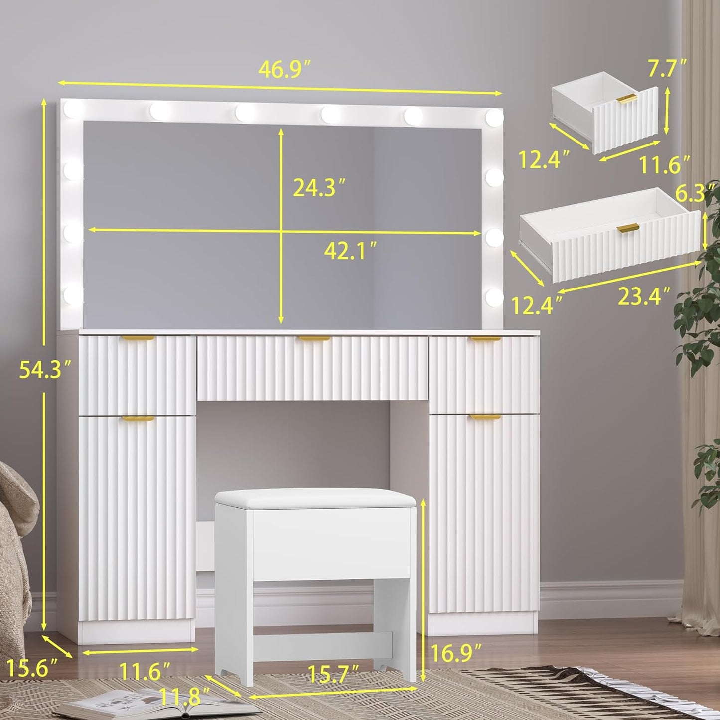 Fluted Makeup Vanity with Large Lighted Mirror and Chair, 7 Drawer Dressing Table with Power Outlet and USB, Elegant Vanity Desk with Cushioned Stool for Bedroom, Women, Girls