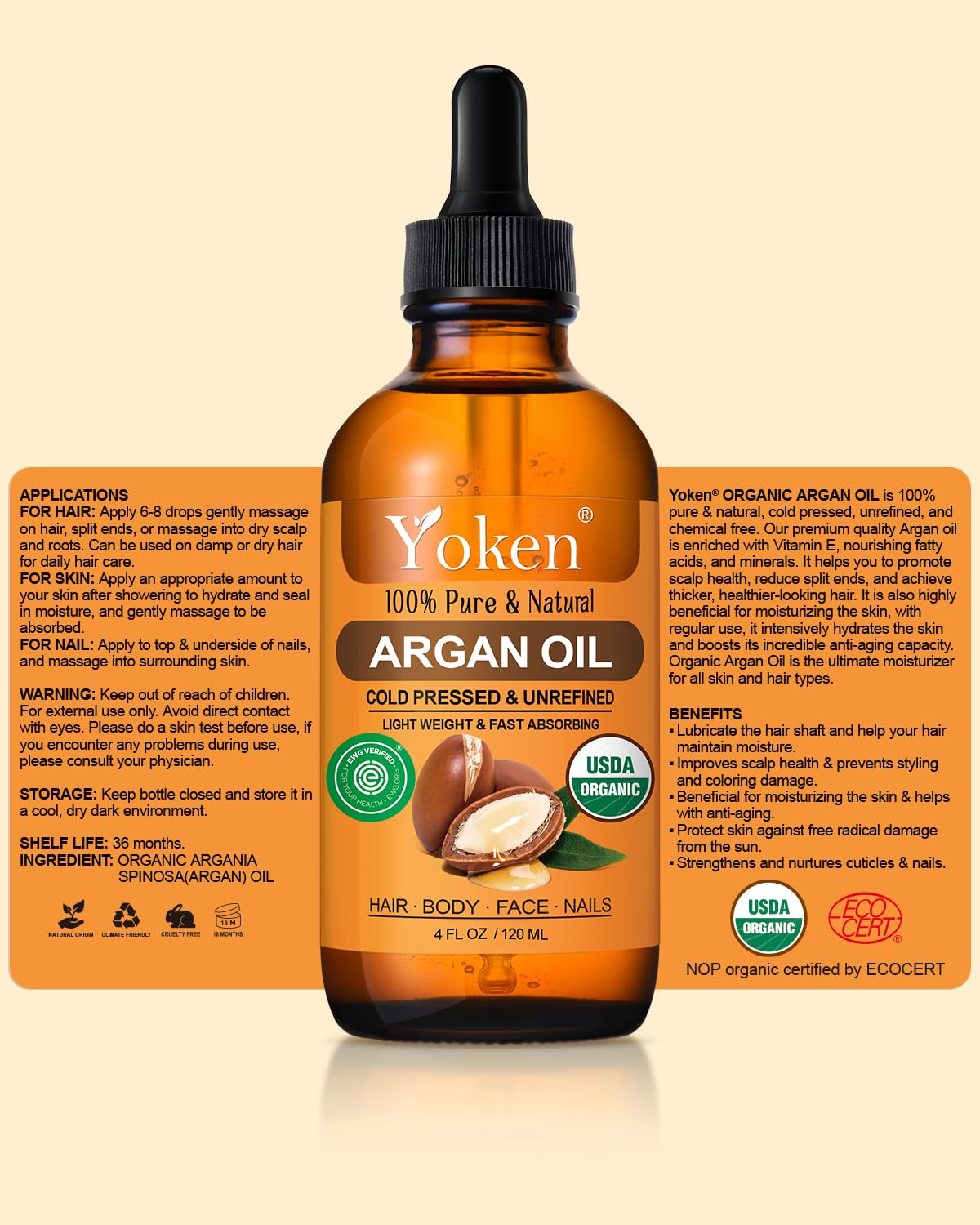 Organic Argan Oil for Hair 4 Fl Oz, USDA Pure and Natural Morocco Argan Oil, Argon Oil For Hair, Scalp, Face & Skin Care, 100% Cold Pressed Hair Conditioner, Unrefined Argon Nails Carrier Oil