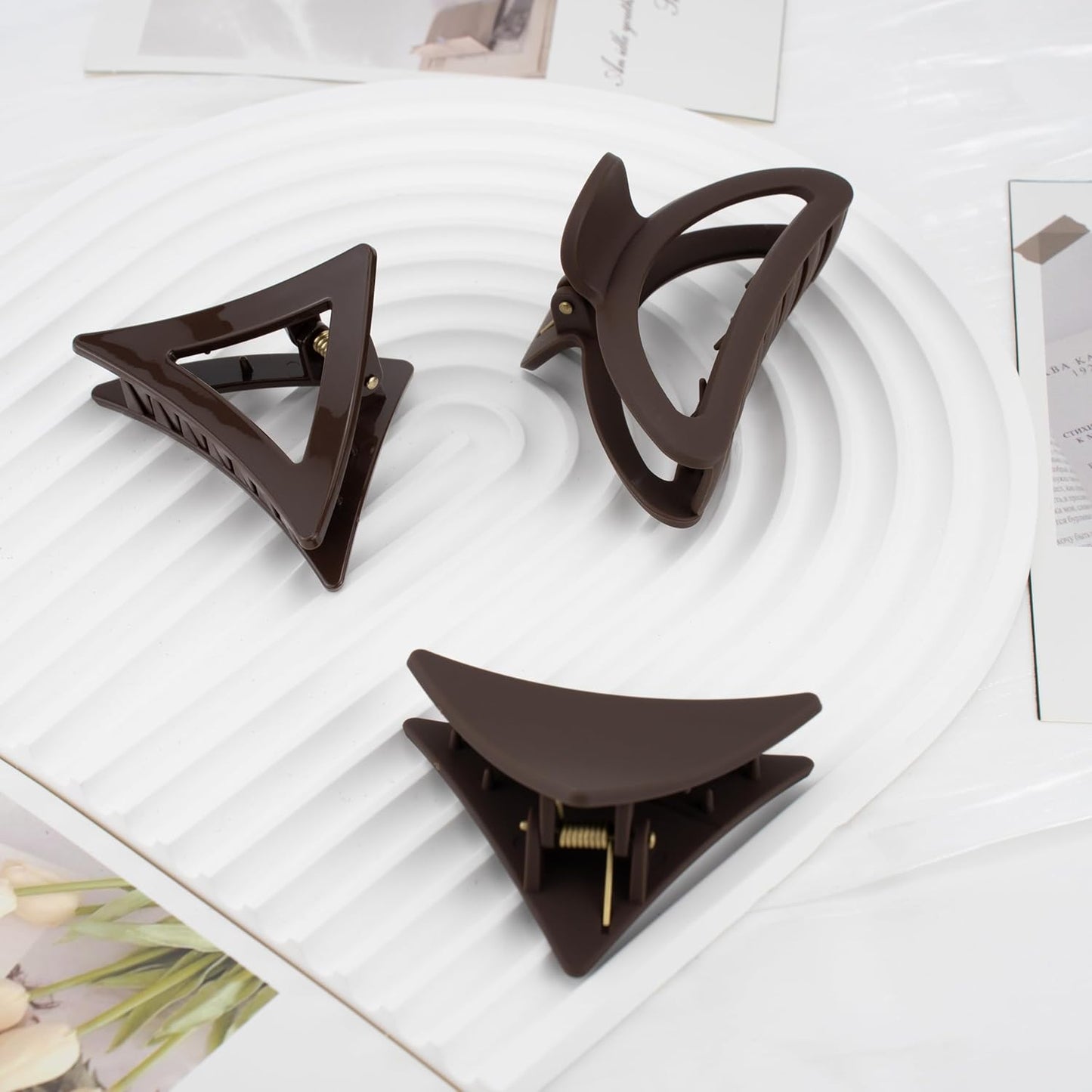 Neutral Tones Hair Accessories Set - 9 Medium Hair Clips (Arched & Triangle), 1 Hair Brush | Non-Slip Hair Clips for Thin Hair (Soft Pink, Beige, Brown)