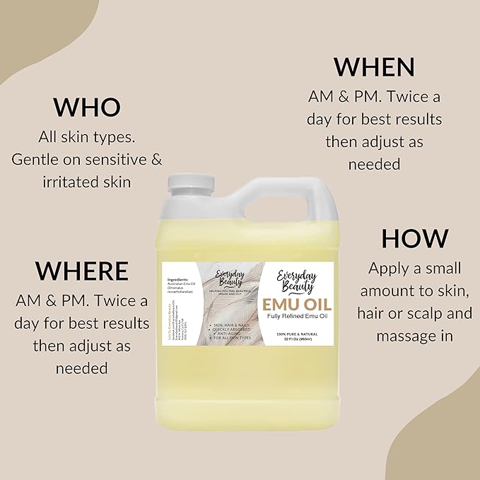 Pure Australian Emu Oil Bulk 32 Fl Oz - All Natural 6X Refined for Face, Skin and Hair - Highly Effective Hydration for Sensitive Skin and Hair Growth - Perfect for Scars and Blemishes