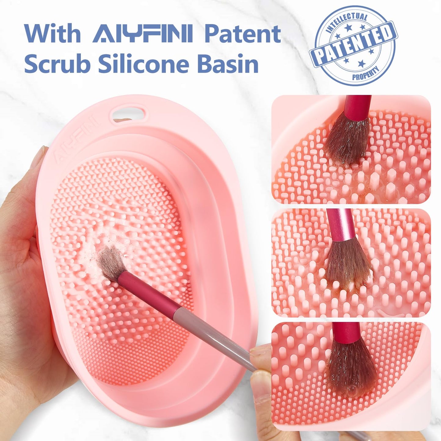 Alyfini Makeup Brush Cleaner Solution + Scrub Basin Combo, Removes Tough Stain on Make Up Brushes Set/Sponge/Puffs, Deep Clean Inner Bristles from Waterproof Foundation/Concealer, 10.2 Fl Oz/300 ml