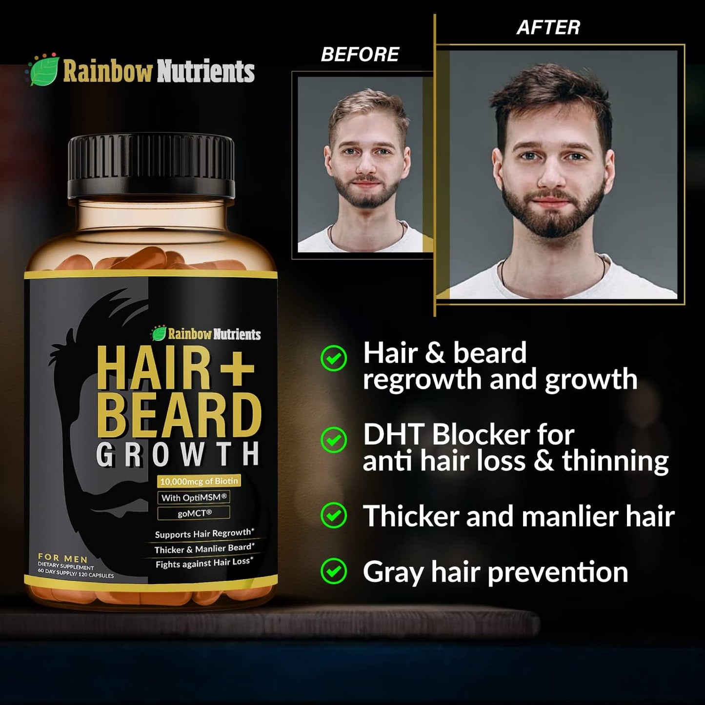Hair + Beard Growth Vitamins for Men | Biotin 10,000mcg, Collagen, Patented OptiMSM®, goMCT®, Saw Palmetto | 60 Day Supply | Naturally Regrow Stronger, Thicker, Healthier Hair & Stops Hair Los