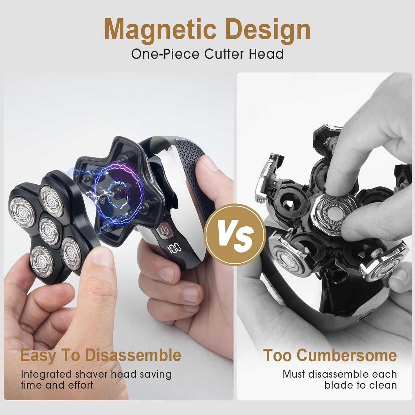 Telfun Magnetic Head Shavers for Bald Men, 5-in-1 Electric Razor w/Type-C Fast Charging - LED Display, Wet/Dry Mens Grooming Kit - Easy Use Palm Shaver for a Smooth Bald Shave