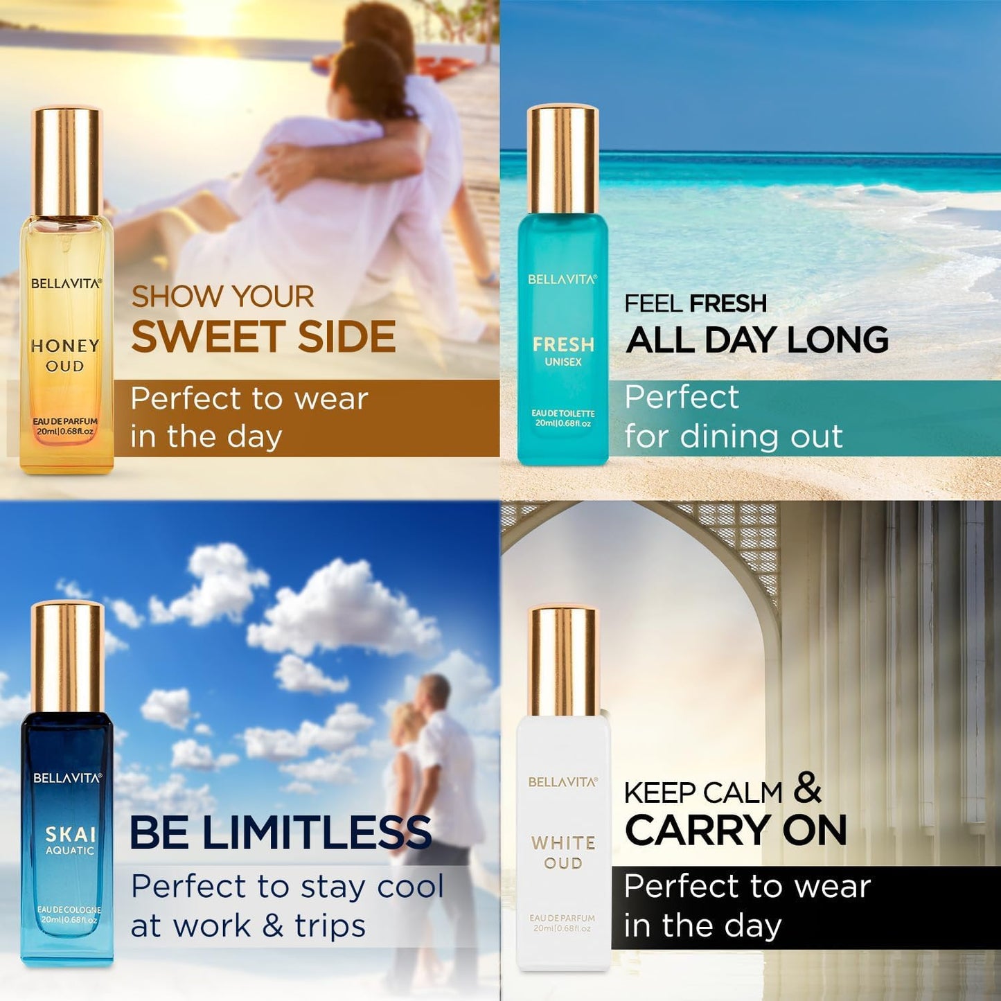 BellaVita Luxury Unisex Cologne Gift Set (4x20ml) | Fragrances Includes Honey OUD, SKAI, FRESH & White OUD | Travel Size Mini Perfumes & Spicy Vanilla Perfume Oil | Unisex Perfume for Women & Men