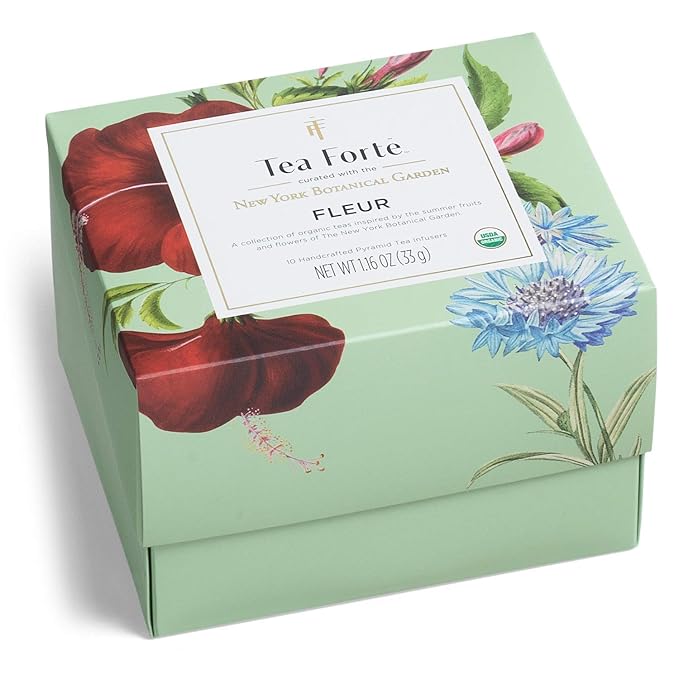 Tea Forte Fleur 3-Piece Mother's Day Tea Gift Set with Pale Mint Green Cafe Cup with Lid, Tea Tray and 10 Assorted 2 of Each Variety Organic Handcrafted Pyramid Infuser Tea Bags