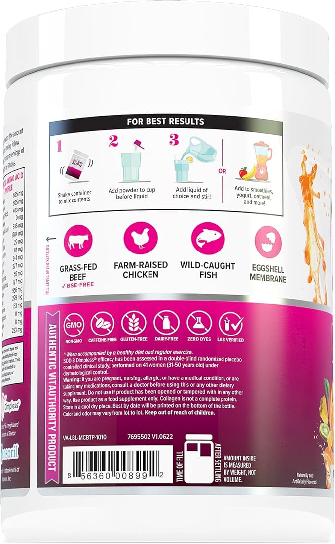 Multi Collagen Burn: MultiType Hydrolyzed Protein Peptides with Hyaluronic Acid, Vitamin C, SOD B Dimpless, Types I, II, III, V and X, with Caffeine 30 Servings Tropical Punch Flavored