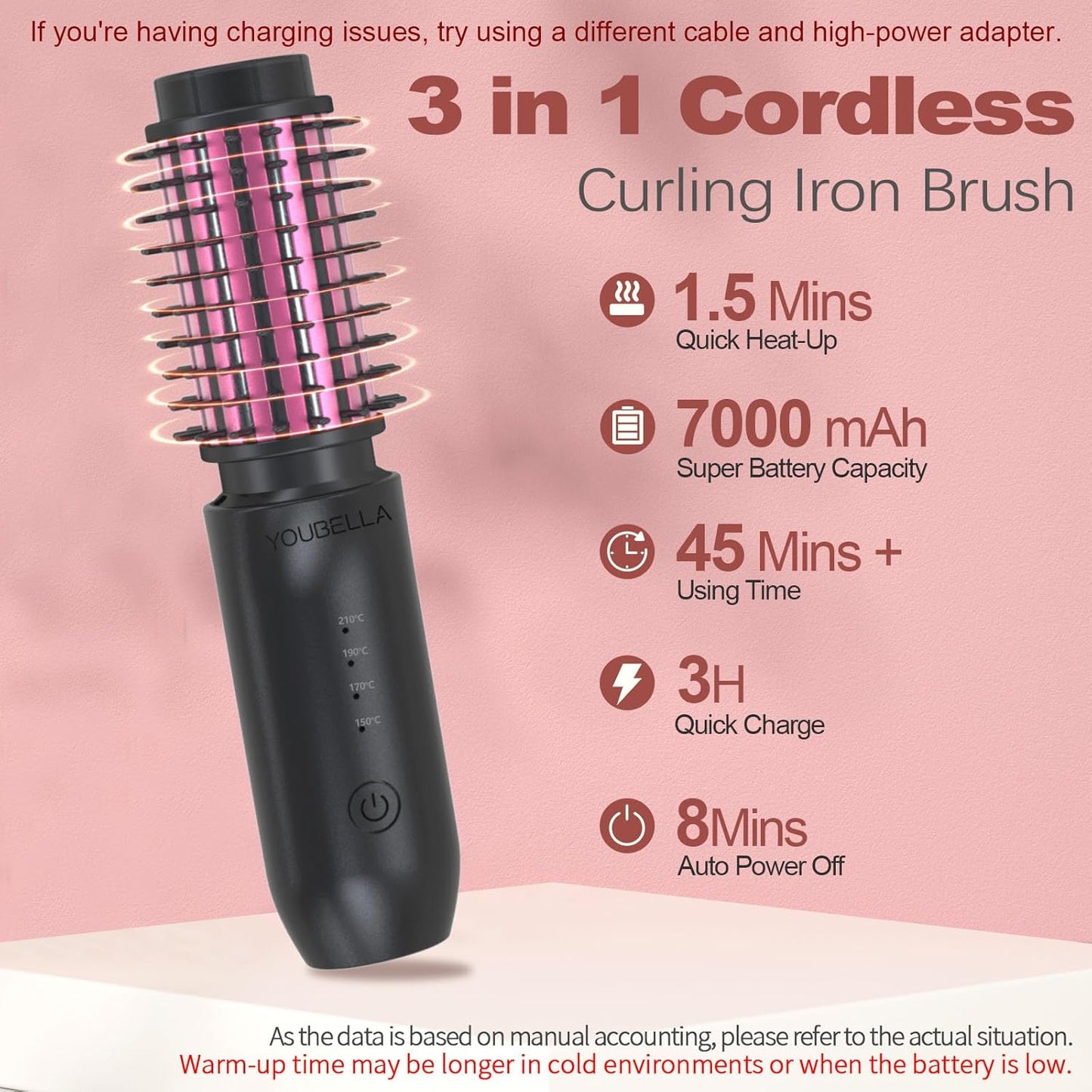 Youbella Cordless Hair Curling Iron Brush, Mini Travel Hot Straightener Comb, 3-in-1 Portable Wave Curling Wand, 1.5″ Ionic Heated Brush, USB Rechargeable Hair Curler, Black – No Automatic Rotation