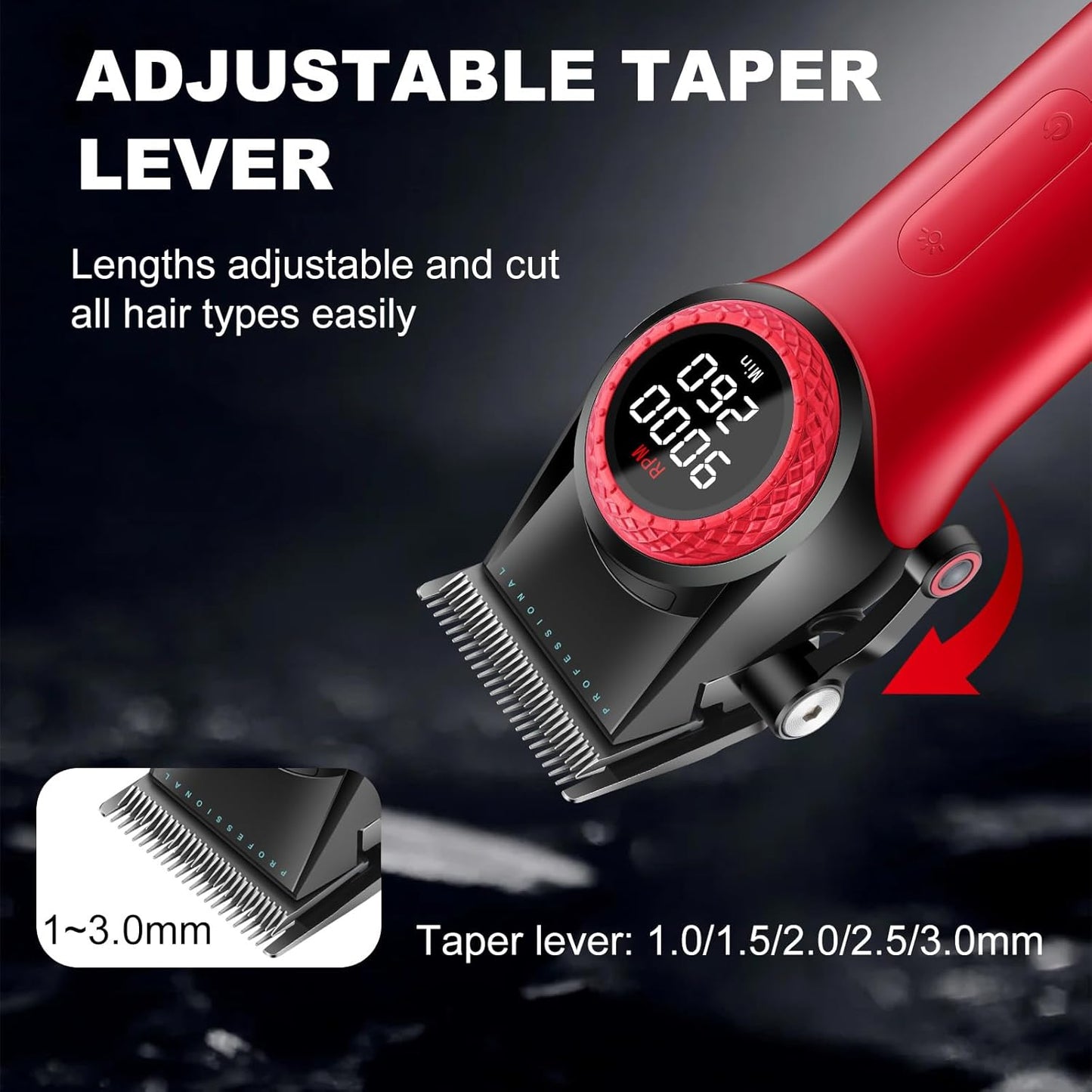 VGR 001 Professional Hair Clippers for Men, Cordless Barber Clippers for Hair Cutting, Carbon Steel Blade Hair Trimmers for Barbers, 9000RPM, LED Display, Red