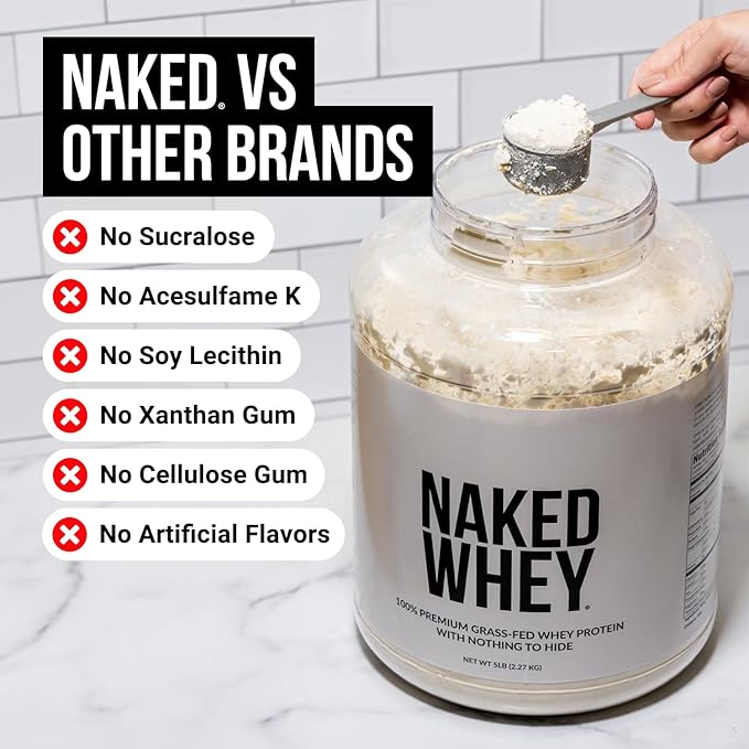 Naked WHEY 5LB 100% Grass Fed Unflavored Whey Protein Powder - Only 1 Ingredient, Undenatured - No GMO, Soy or Gluten - No Preservatives - Promote Muscle Growth and Recovery - 76 Servings