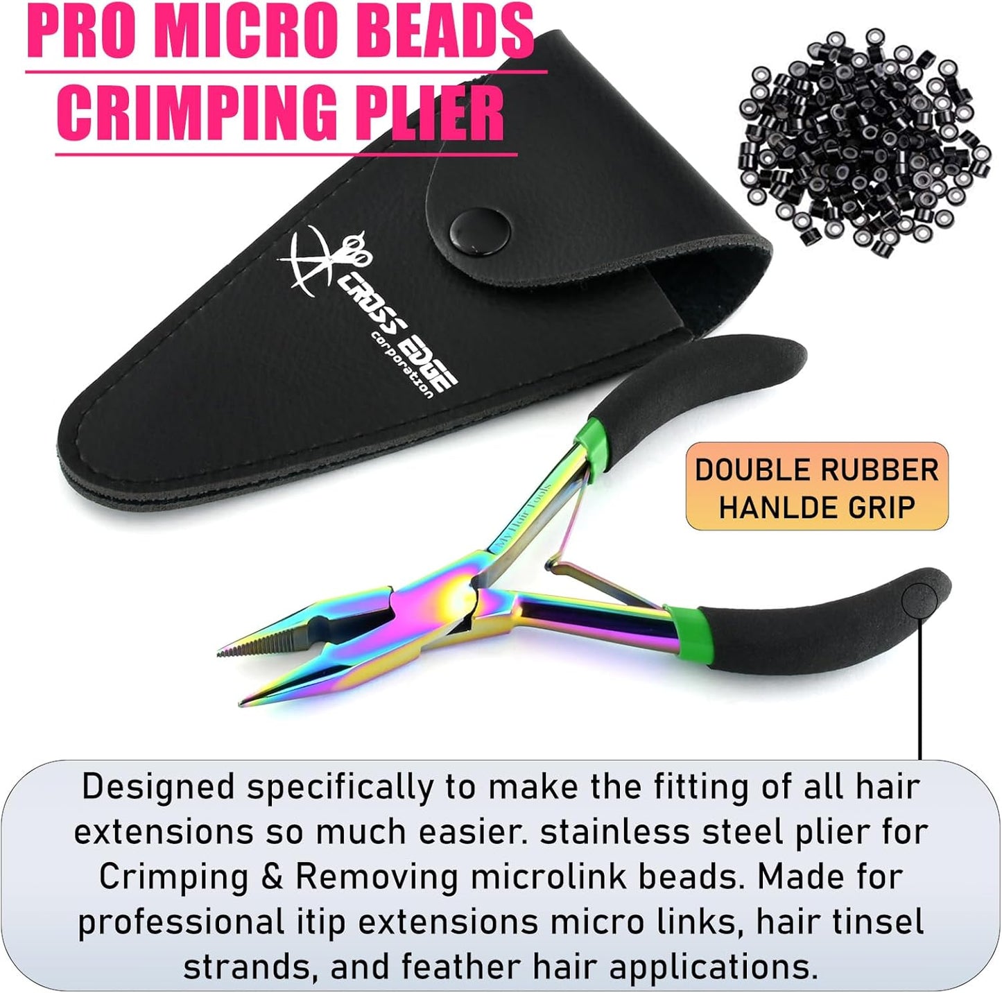 Professional Hair Extension Tools Microlink Bead Remover Plier for Hair Extensions Removal Micro Ring Beads Opener 5.5 Inch Pliers Silver Polish Stainless Steel (Multi Black Foam Applicator)