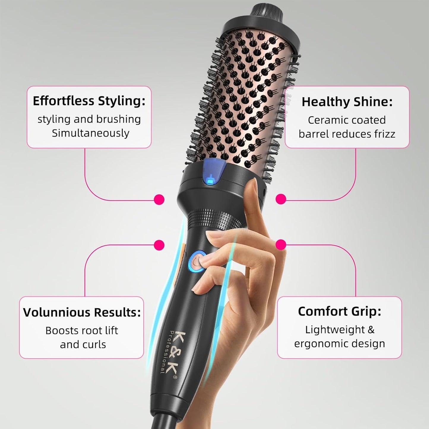 K&K 1.77 Inch Heated Curling Brush with Ceramic Tourmaline Ionic Technology for Volumizing and Loose Curls (Black)