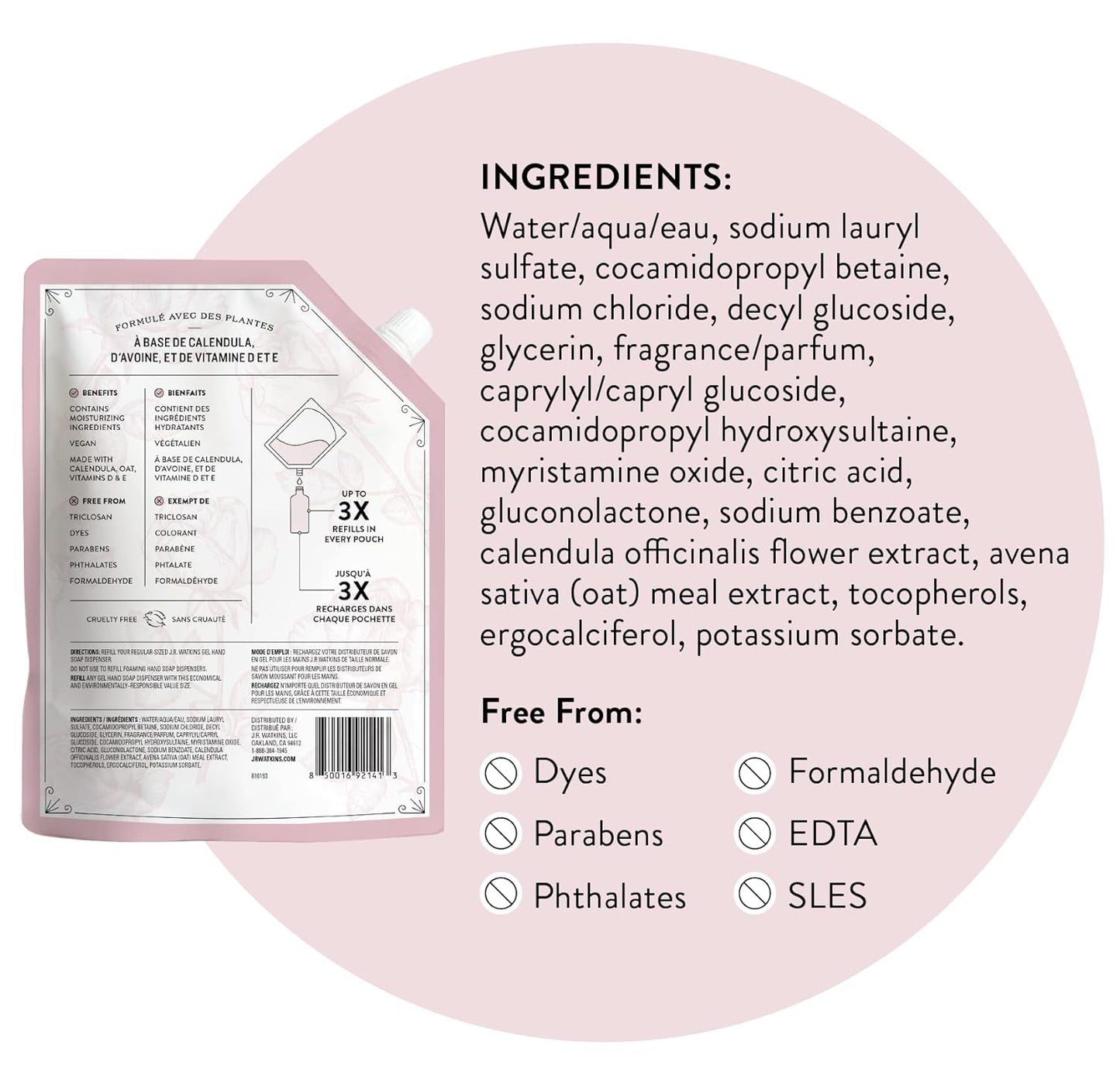 J.R. Watkins Gel Hand Soap Refill, Moisturizing Hand Wash, All Natural, Alcohol-Free, Cruelty-Free, USA Made, Rosewater, 34 Fl Oz, 3 Pack