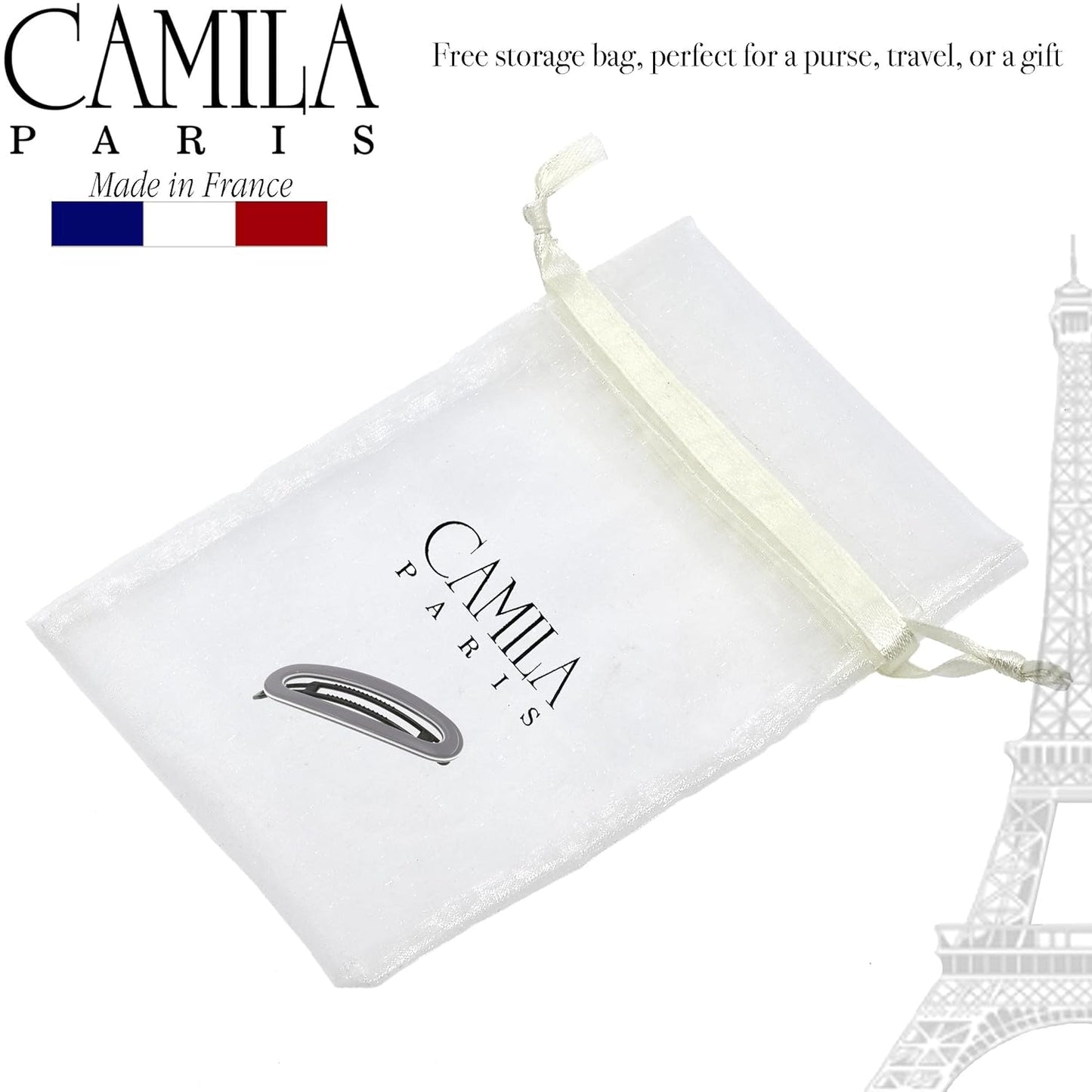 Camila Paris CP3366 French Hair Barrette Clip for Women, Handmade Gray White, Slide-in Metal-Free Closure, Strong Hold Grip Hair Clips for Girls, No Slip Durable Hair Accessories, Made in France
