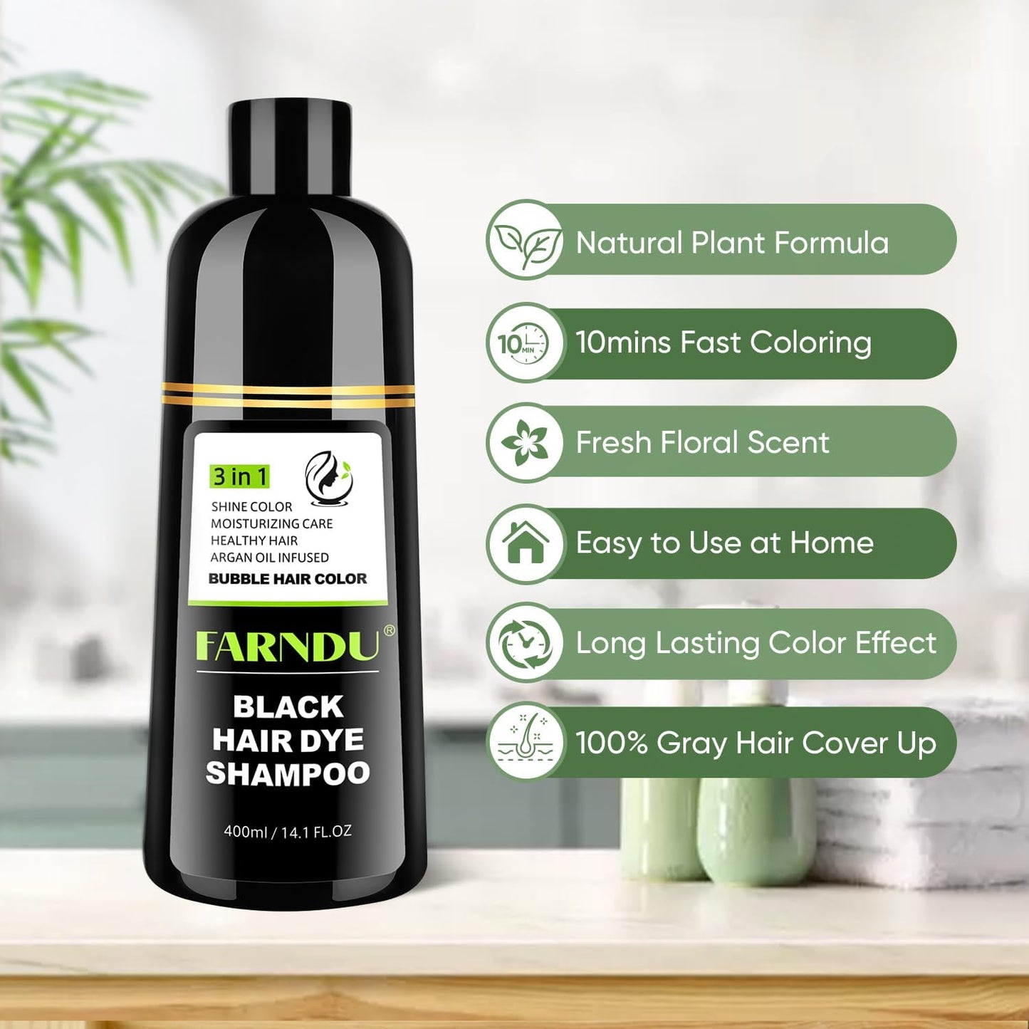 FARNDU Black Hair Dye Shampoo for Gray Hair Coverage - 3 In 1 Hair Color Shampoo for Women & Men with Herbal Ingredients | Champu Con Tinte Para Canas