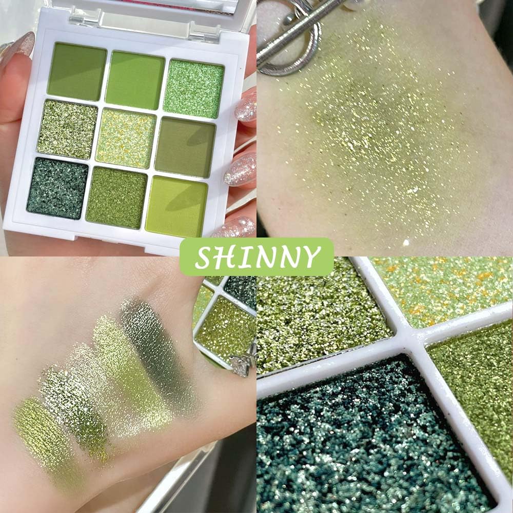 evpct 9 Colors Green Glitter Eyeshadow Palette, Light Dark Emerald Avocado Neon Green Glitter Metallic Shimmer Sparkly Eye Shadow Palette Makeup for Older Women Blue Eyes, Highly Pigmented Eyeshadow