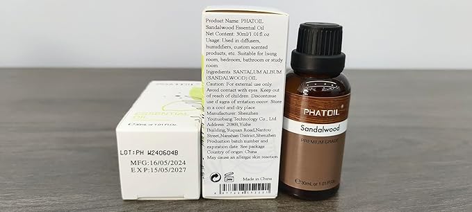 Sandalwood Essential Oil, 1.01Fl.Oz (30ML) PHATOIL Pure Essential Oil Singles for Aromatherapy Diffusers, Humidifiers, Great for DIY Candle and Soap Making, Gift for Friend