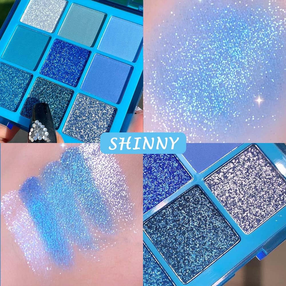 evpct 9 Colors Blue Glitter Eyeshadow Palette, Glitter Dark Light Royal Cobalt Baby Sky Navy Blue Metallic Shimmer Sparkly Eye Shadow Palette Makeup for Older Women, Highly Pigmented Eyeshadow