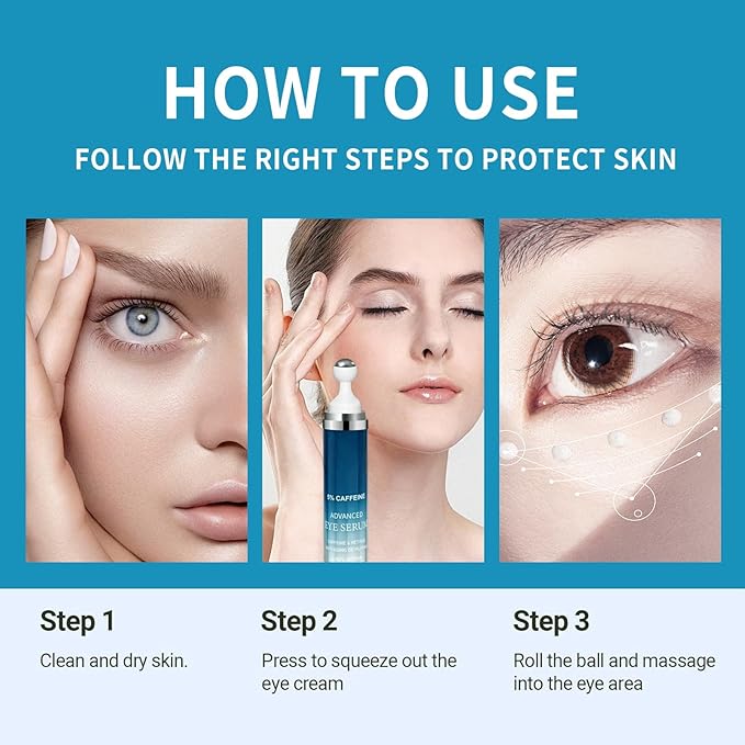 5% Caffeine Eye Serum for Dark Circles,Under Eye Cream with 360°Eye Roller for Eye Bags & Puffiness- Eyes Treatment Serum for Women Create a Natural Charm for Your Eyes(0.76 fl. oz.)