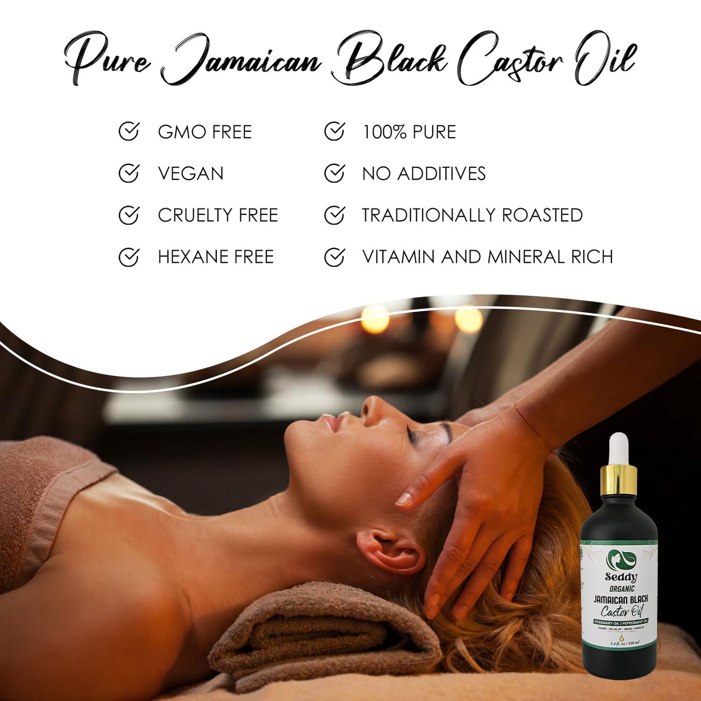 Seddy Organic Jamaican Black Castor Oil - with Rosemary & Peppermint in Glass Bottle - Cold Pressed | Hexane-Free | Promotes Hair Growth | Strengthens Hair | Hair Treatment Oil - 3.4 Fl. Oz