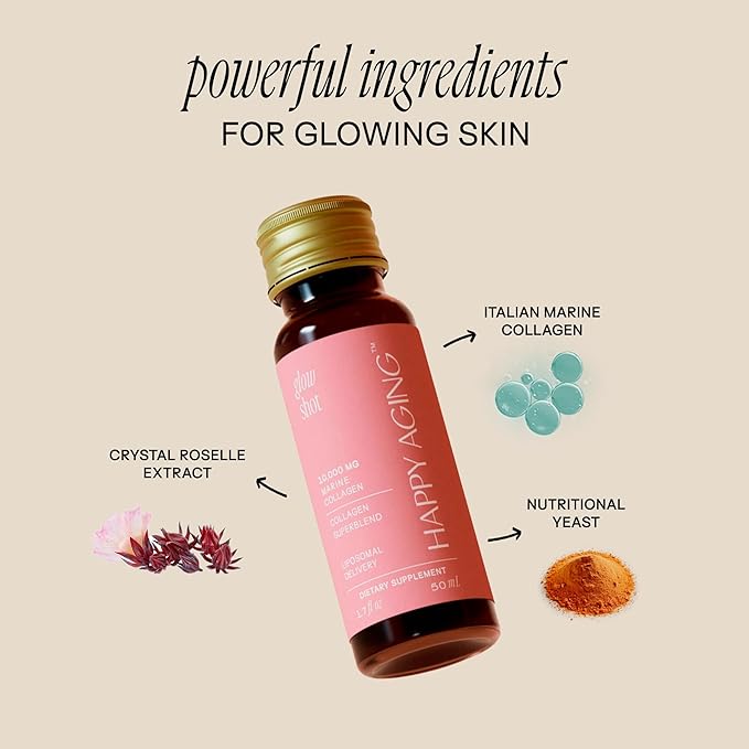 Glow Shot, 10,000mg Marine Collagen Peptides, Liposomal Delivery, Promotes Skin Hydration, Elasticity & Radiance, Supports Hair & Nails, Ready-to-Drink, No Sugar, Non-GMO, 30 Shots