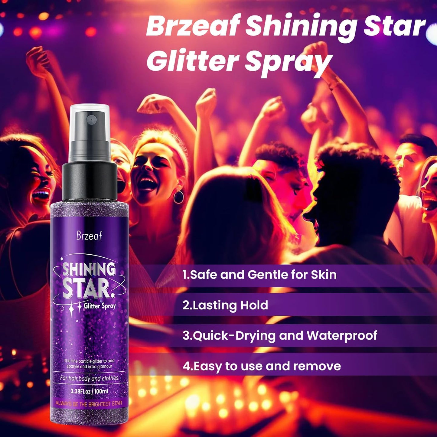 Brzeaf Glitter Spray, Halloween Glitter Spray for Hair and Body, Long-Lasting & Quick-Drying, Shiny Glitter Hairspray, Waterproof Body Glitter, for Stage Makeup and Festival Rave