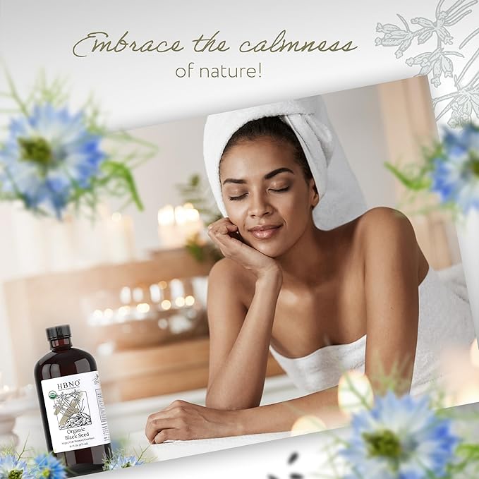 HBNO Organic Black Seed Oil - Huge 16 oz (475ml) Glass Bottle Value Size - USDA Certified Organic Black Seed Oil, Cold Pressed for Face, Body, Lips, Shampoo & Conditioner