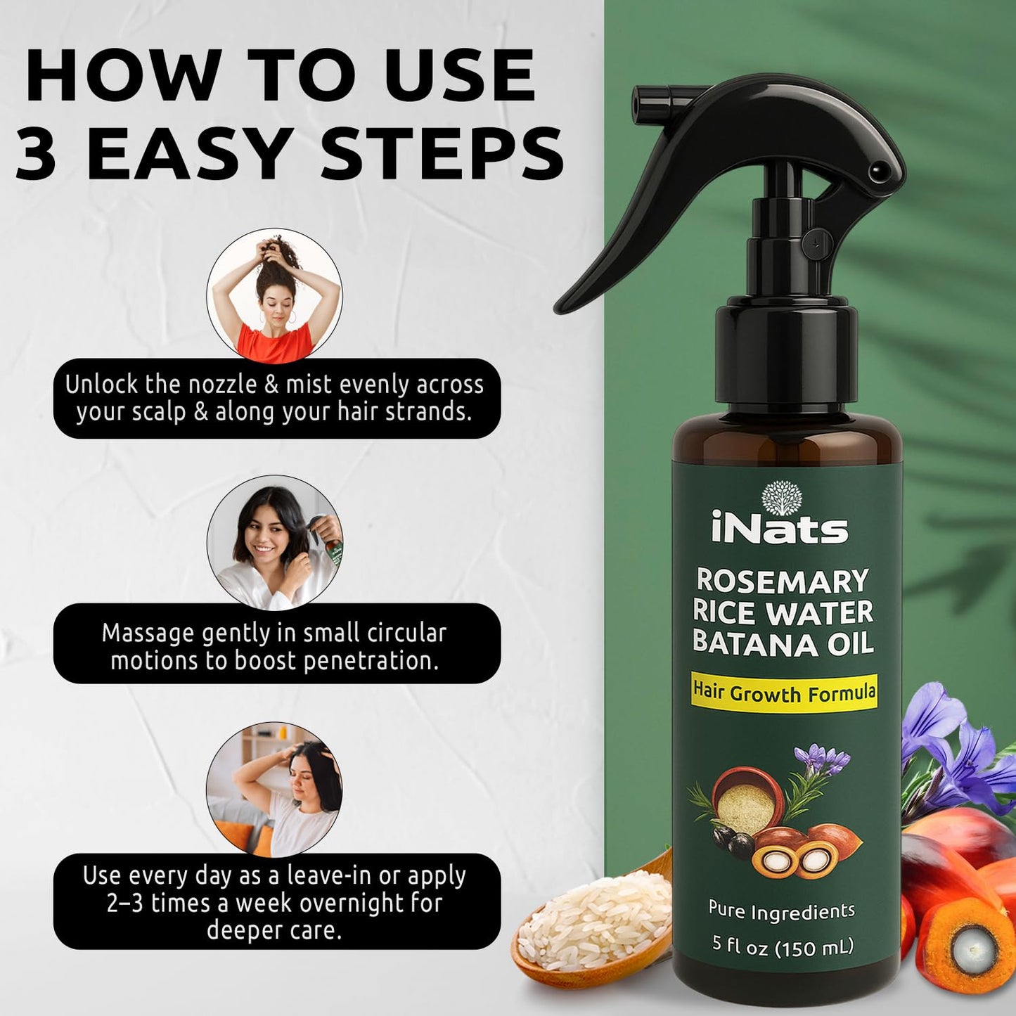 Rosemary Water Spray for Hair Growth w/Rice Water, Biotin, Batana & Peppermint Oil – Non-Sticky Organic Hair Growth Spray to Control Hair fall & Strengthen Strands - For Men & Women – 5 fl oz