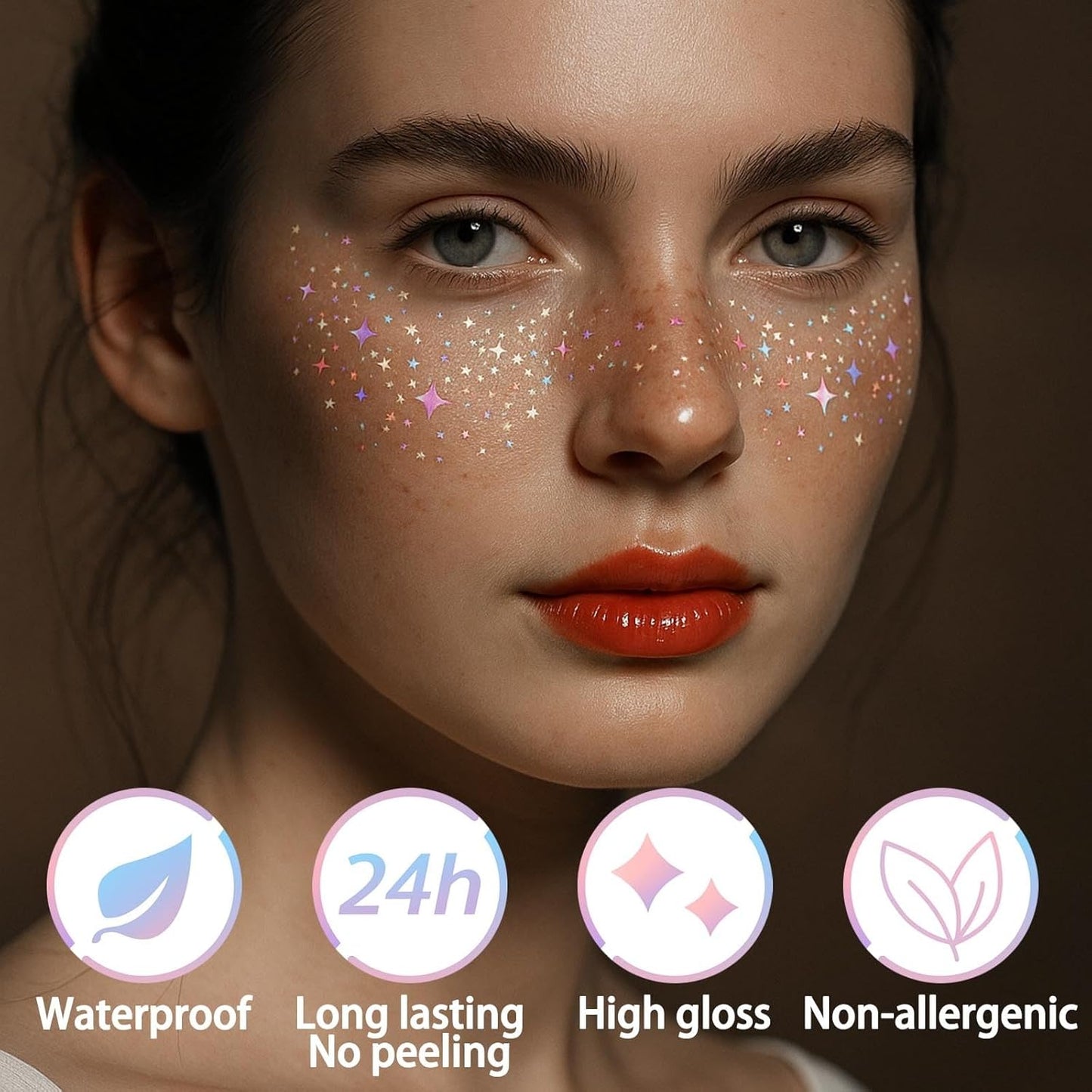12 Sheets Glitter Freckles Stickers for Face and Body, Holographic Star and Heart Face Tattoo for Women and Girls, Long Lasting Waterproof Festival Rave Makeup Accessories