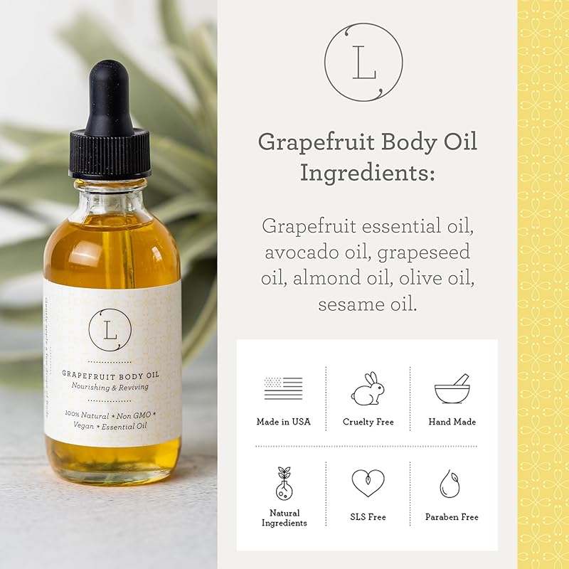 Lizush Grapefruit Body Oil - 2 oz Natural, Vegan, Non-GMO Moisturizing Bath Oil for Silky Skin with Premium Essential Oils - Handmade in the USA