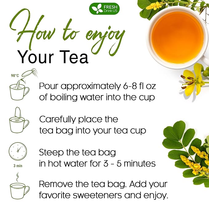 FreshDrinkUS, Premium 55 Senna Leaf Tea Bags, 100% Natural & Pure from Senna Leaves. Loose Leaf Senna Herbal Tea, Made with Natural Material Tea Bags, Senna Leaf Tea. No Sugar, No Caffeine, No Gluten, Vegan.