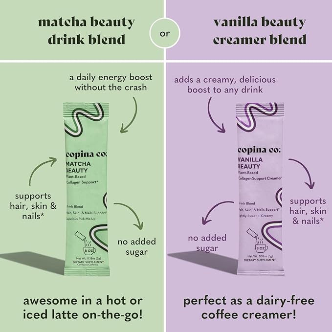 Matcha Beauty Vegan Collagen Booster Drink Blend: Plant Based Collagen Support Smoothie Drink Vegan Blend Variety Pack | Matcha Flavor | 10 Individual Stick Packs per Carton