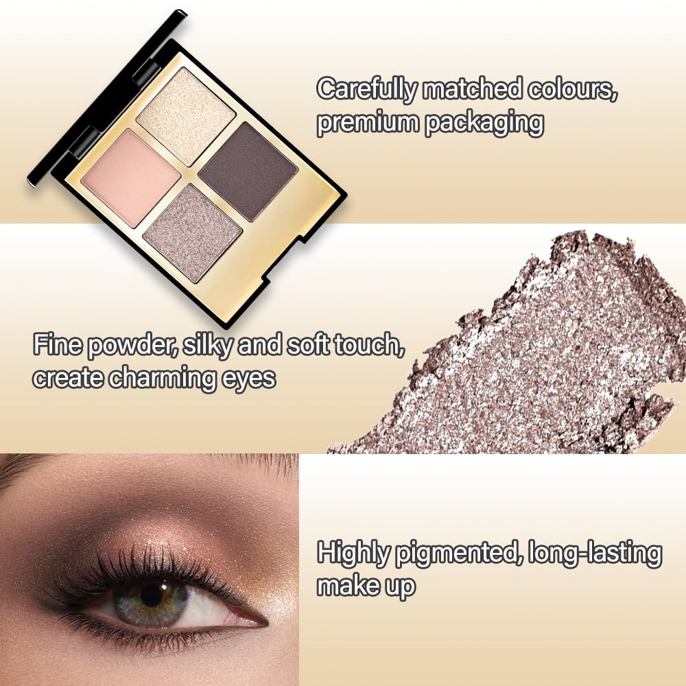 Eyeshadow Quad Makeup Palette – 4 Shades of Nude, Rose, Gold, Brown Tones, Blendable Matte & Shimmer, Long-Lasting Waterproof, Perfect for Mature & Young Women, with Built-In Mirror 02#